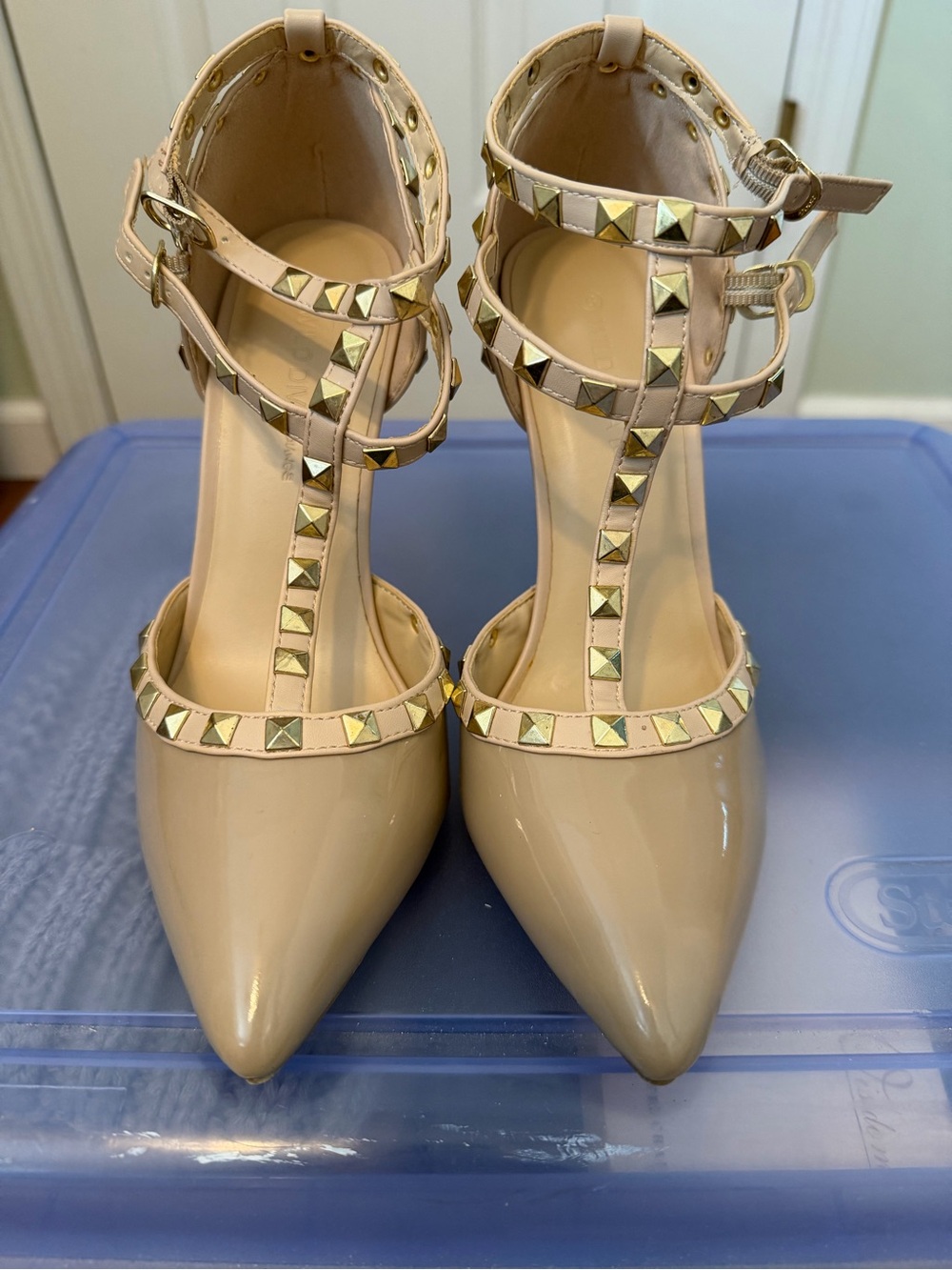 Wild Diva Lounge Studded T-Strap Pointed Toe Heels in Nude